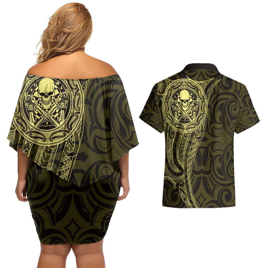 New Zealand Skull Darts Couples Matching Off Shoulder Short Dress and Hawaiian Shirt Aotearoa Maori Chest Tattoo Stylized Gold LT14 - Polynesian Pride