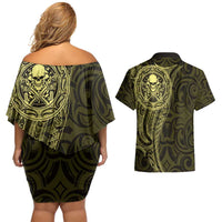 New Zealand Skull Darts Couples Matching Off Shoulder Short Dress and Hawaiian Shirt Aotearoa Maori Chest Tattoo Stylized Gold LT14 - Polynesian Pride