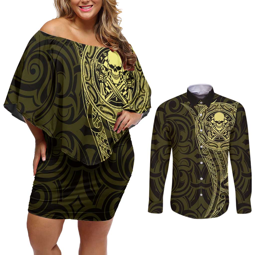 New Zealand Skull Darts Couples Matching Off Shoulder Short Dress and Long Sleeve Button Shirt Aotearoa Maori Chest Tattoo Stylized Gold LT14 Gold - Polynesian Pride