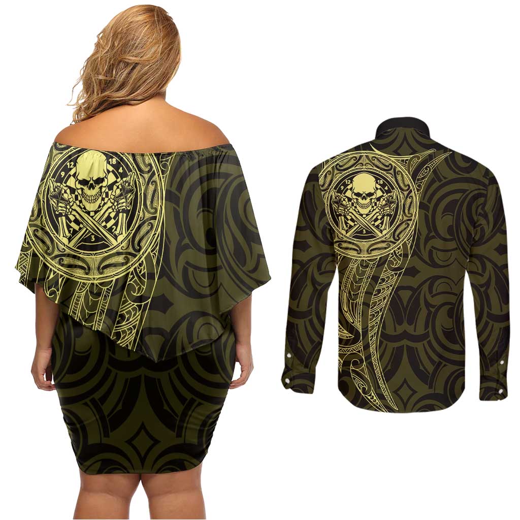 New Zealand Skull Darts Couples Matching Off Shoulder Short Dress and Long Sleeve Button Shirt Aotearoa Maori Chest Tattoo Stylized Gold LT14 - Polynesian Pride