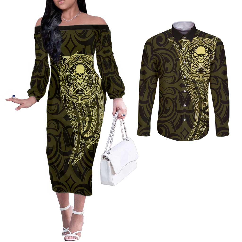 New Zealand Skull Darts Couples Matching Off The Shoulder Long Sleeve Dress and Long Sleeve Button Shirt Aotearoa Maori Chest Tattoo Stylized Gold LT14 Gold - Polynesian Pride