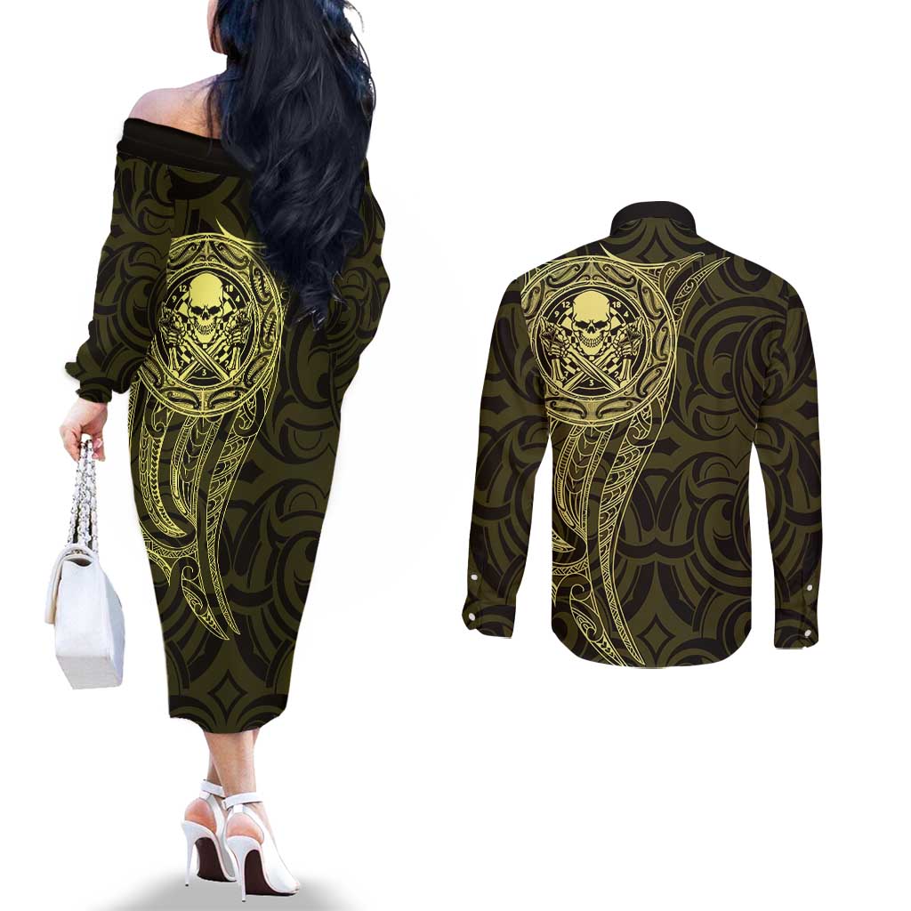 New Zealand Skull Darts Couples Matching Off The Shoulder Long Sleeve Dress and Long Sleeve Button Shirt Aotearoa Maori Chest Tattoo Stylized Gold LT14 - Polynesian Pride