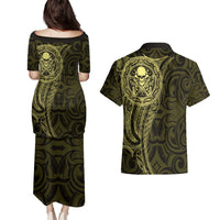 New Zealand Skull Darts Couples Matching Puletasi and Hawaiian Shirt Aotearoa Maori Chest Tattoo Stylized Gold LT14 - Polynesian Pride