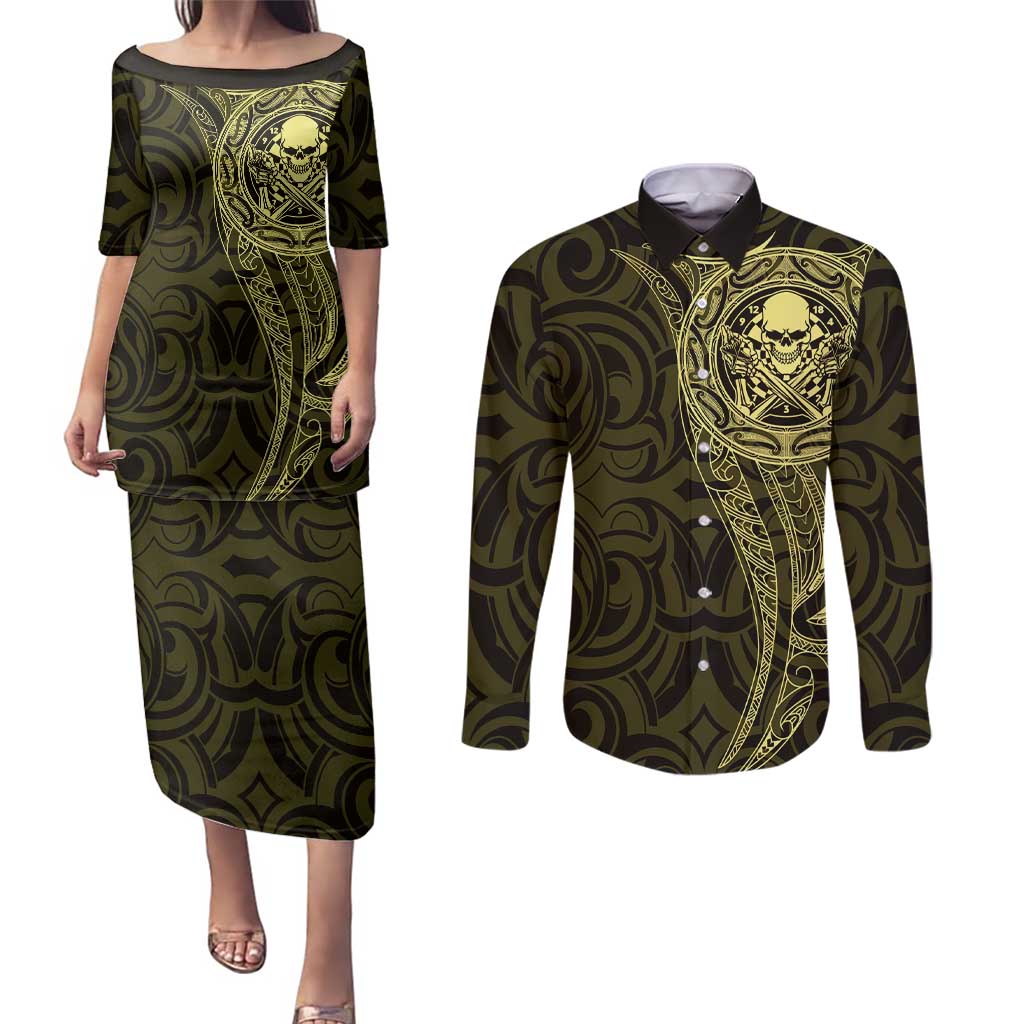 New Zealand Skull Darts Couples Matching Puletasi and Long Sleeve Button Shirt Aotearoa Maori Chest Tattoo Stylized Gold LT14 Gold - Polynesian Pride