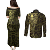New Zealand Skull Darts Couples Matching Puletasi and Long Sleeve Button Shirt Aotearoa Maori Chest Tattoo Stylized Gold LT14 - Polynesian Pride