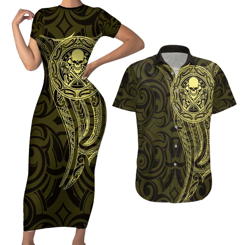 New Zealand Skull Darts Couples Matching Short Sleeve Bodycon Dress and Hawaiian Shirt Aotearoa Maori Chest Tattoo Stylized Gold LT14 Gold - Polynesian Pride
