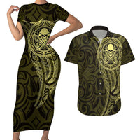 New Zealand Skull Darts Couples Matching Short Sleeve Bodycon Dress and Hawaiian Shirt Aotearoa Maori Chest Tattoo Stylized Gold LT14 Gold - Polynesian Pride