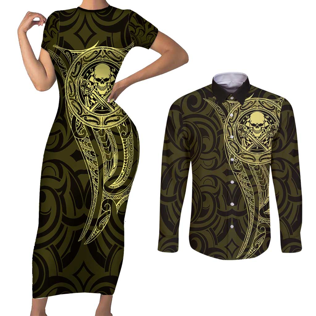 New Zealand Skull Darts Couples Matching Short Sleeve Bodycon Dress and Long Sleeve Button Shirt Aotearoa Maori Chest Tattoo Stylized Gold LT14 Gold - Polynesian Pride