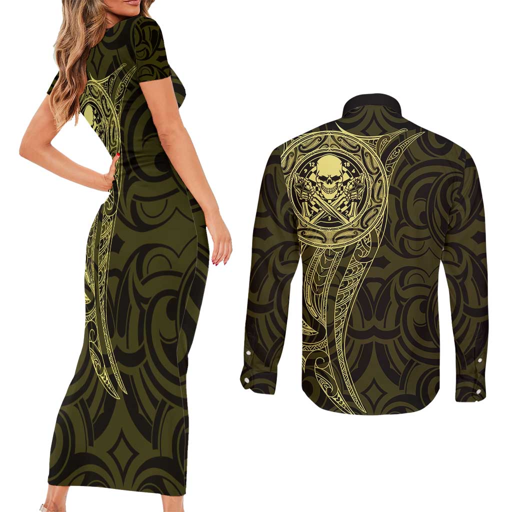New Zealand Skull Darts Couples Matching Short Sleeve Bodycon Dress and Long Sleeve Button Shirt Aotearoa Maori Chest Tattoo Stylized Gold LT14 - Polynesian Pride