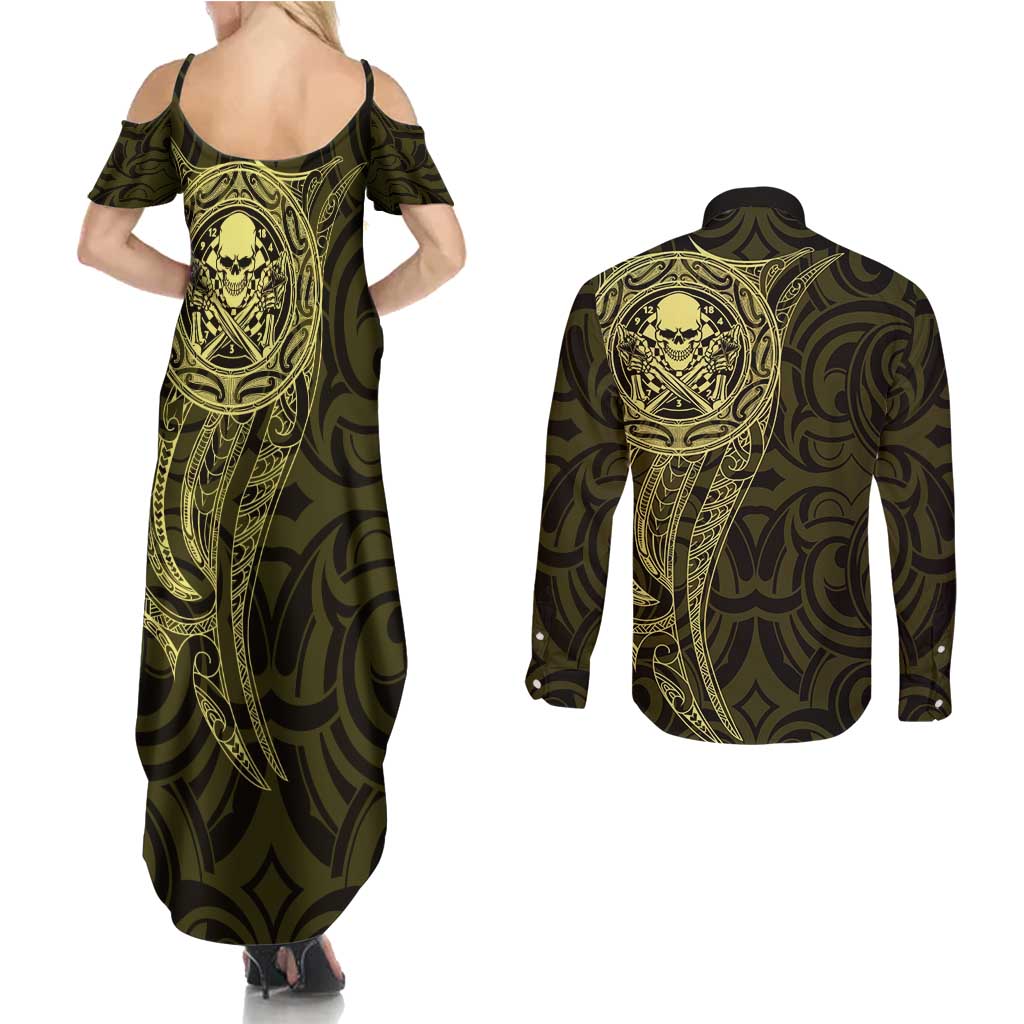New Zealand Skull Darts Couples Matching Summer Maxi Dress and Long Sleeve Button Shirt Aotearoa Maori Chest Tattoo Stylized Gold LT14 - Polynesian Pride