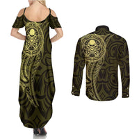 New Zealand Skull Darts Couples Matching Summer Maxi Dress and Long Sleeve Button Shirt Aotearoa Maori Chest Tattoo Stylized Gold LT14 - Polynesian Pride
