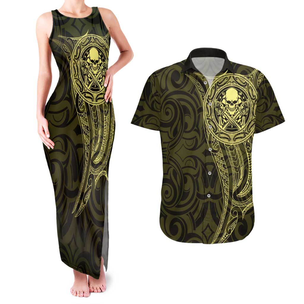 New Zealand Skull Darts Couples Matching Tank Maxi Dress and Hawaiian Shirt Aotearoa Maori Chest Tattoo Stylized Gold LT14 Gold - Polynesian Pride