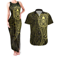 New Zealand Skull Darts Couples Matching Tank Maxi Dress and Hawaiian Shirt Aotearoa Maori Chest Tattoo Stylized Gold LT14 Gold - Polynesian Pride