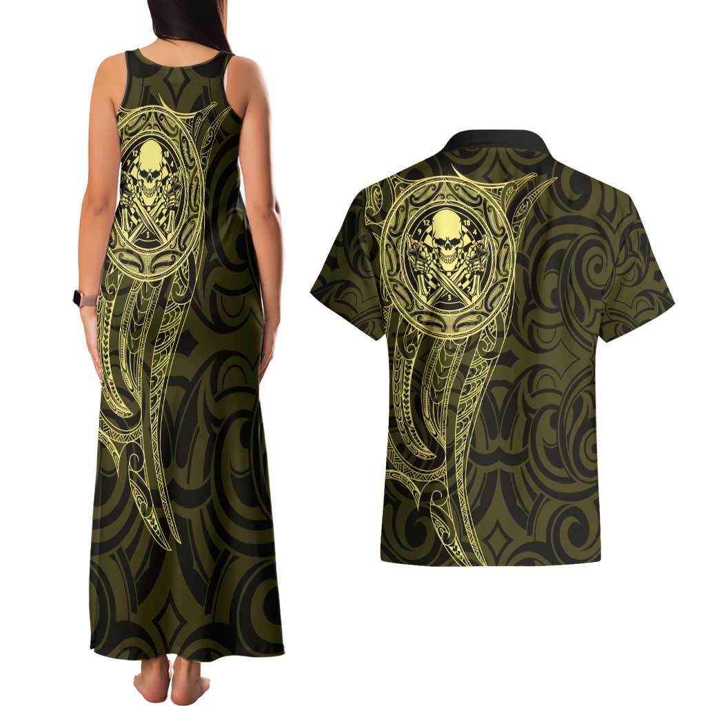 New Zealand Skull Darts Couples Matching Tank Maxi Dress and Hawaiian Shirt Aotearoa Maori Chest Tattoo Stylized Gold LT14 - Polynesian Pride