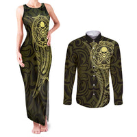 New Zealand Skull Darts Couples Matching Tank Maxi Dress and Long Sleeve Button Shirt Aotearoa Maori Chest Tattoo Stylized Gold LT14 Gold - Polynesian Pride