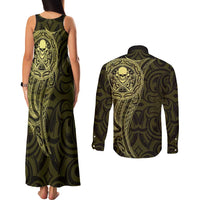 New Zealand Skull Darts Couples Matching Tank Maxi Dress and Long Sleeve Button Shirt Aotearoa Maori Chest Tattoo Stylized Gold LT14 - Polynesian Pride