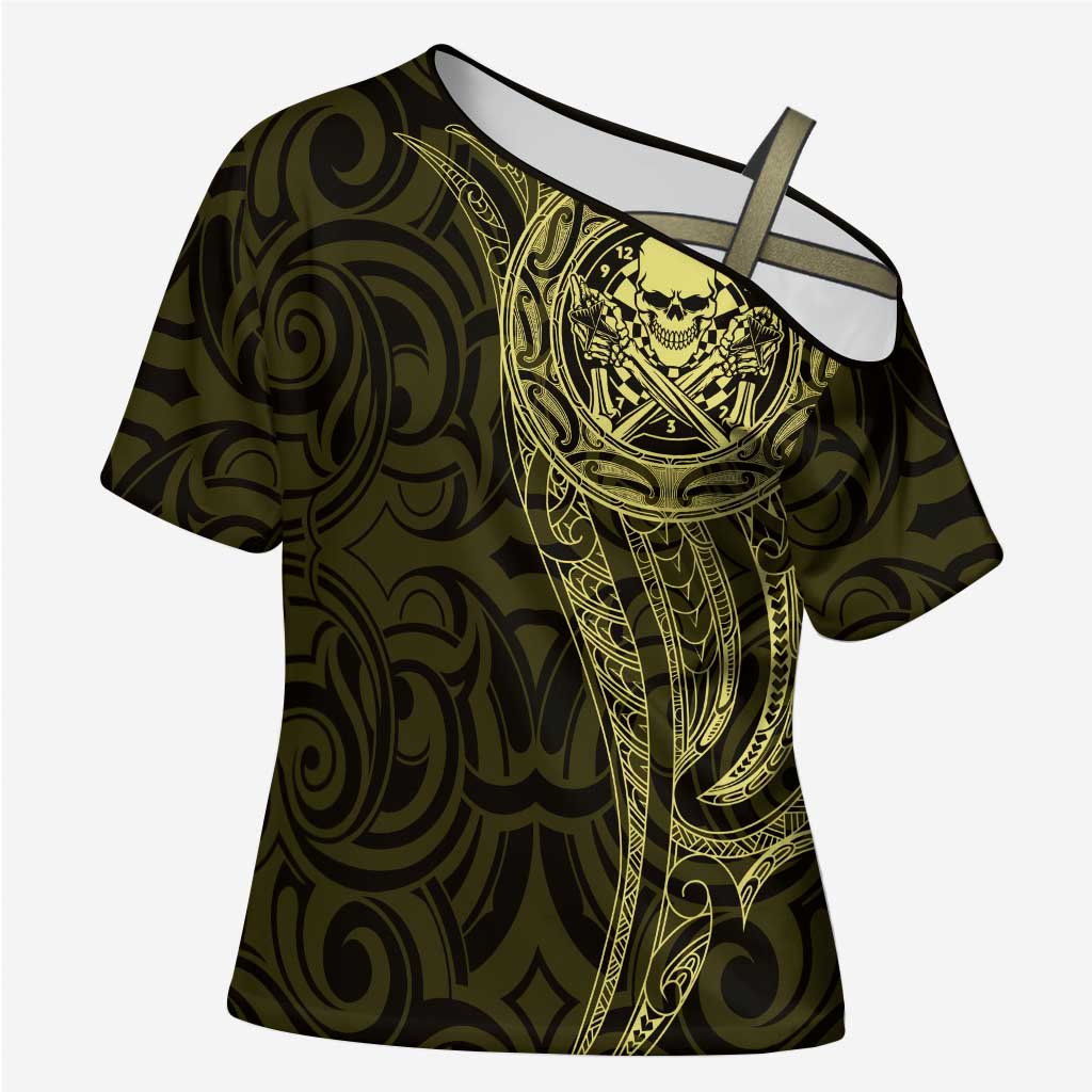 New Zealand Skull Darts Cross Shoulder Shirt Aotearoa Maori Chest Tattoo Stylized Gold LT14 Female Gold - Polynesian Pride