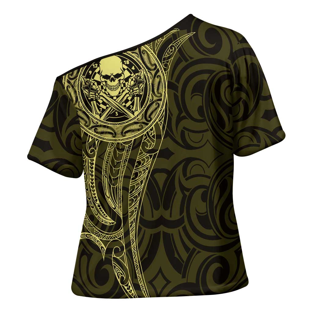 New Zealand Skull Darts Cross Shoulder Shirt Aotearoa Maori Chest Tattoo Stylized Gold LT14 - Polynesian Pride
