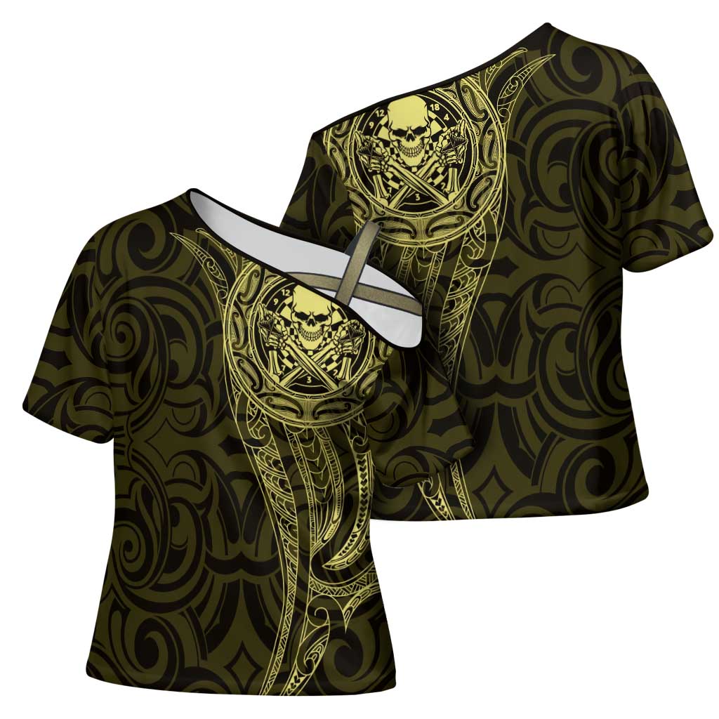 New Zealand Skull Darts Cross Shoulder Shirt Aotearoa Maori Chest Tattoo Stylized Gold LT14 - Polynesian Pride