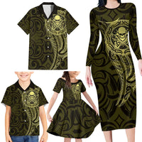 New Zealand Skull Darts Family Matching Long Sleeve Bodycon Dress and Hawaiian Shirt Aotearoa Maori Chest Tattoo Stylized Gold LT14 - Polynesian Pride