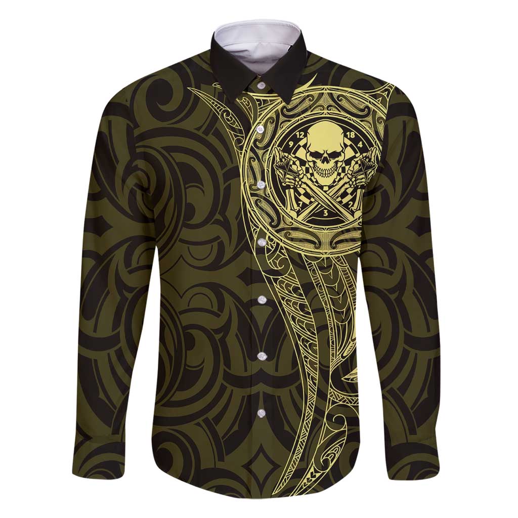 New Zealand Skull Darts Family Matching Long Sleeve Bodycon Dress and Hawaiian Shirt Aotearoa Maori Chest Tattoo Stylized Gold LT14 Dad's Shirt - Long Sleeve Gold - Polynesian Pride