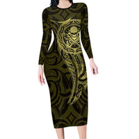 New Zealand Skull Darts Family Matching Long Sleeve Bodycon Dress and Hawaiian Shirt Aotearoa Maori Chest Tattoo Stylized Gold LT14 Mom's Dress Gold - Polynesian Pride