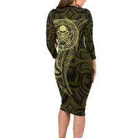 New Zealand Skull Darts Family Matching Long Sleeve Bodycon Dress and Hawaiian Shirt Aotearoa Maori Chest Tattoo Stylized Gold LT14 - Polynesian Pride