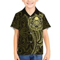 New Zealand Skull Darts Family Matching Long Sleeve Bodycon Dress and Hawaiian Shirt Aotearoa Maori Chest Tattoo Stylized Gold LT14 Son's Shirt Gold - Polynesian Pride