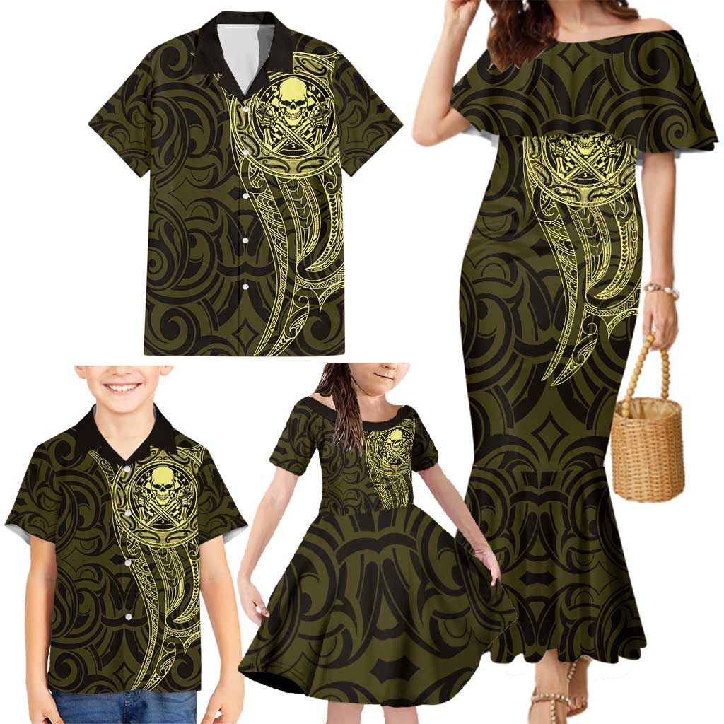 New Zealand Skull Darts Family Matching Mermaid Dress and Hawaiian Shirt Aotearoa Maori Chest Tattoo Stylized Gold LT14 - Polynesian Pride