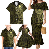New Zealand Skull Darts Family Matching Mermaid Dress and Hawaiian Shirt Aotearoa Maori Chest Tattoo Stylized Gold LT14 - Polynesian Pride