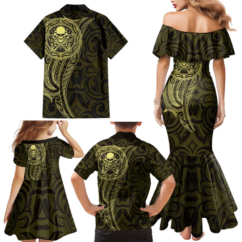 New Zealand Skull Darts Family Matching Mermaid Dress and Hawaiian Shirt Aotearoa Maori Chest Tattoo Stylized Gold LT14 - Polynesian Pride