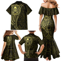 New Zealand Skull Darts Family Matching Mermaid Dress and Hawaiian Shirt Aotearoa Maori Chest Tattoo Stylized Gold LT14 - Polynesian Pride