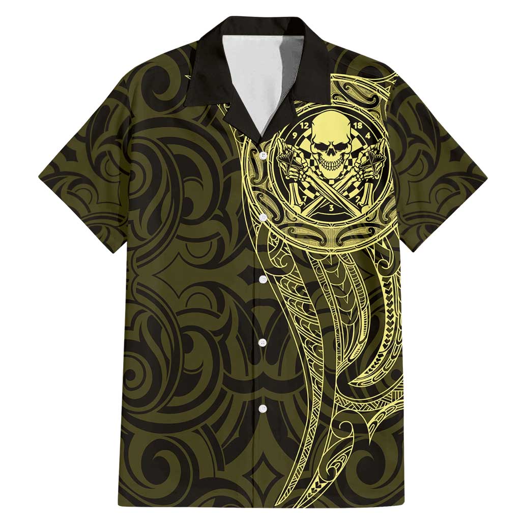New Zealand Skull Darts Family Matching Mermaid Dress and Hawaiian Shirt Aotearoa Maori Chest Tattoo Stylized Gold LT14 Dad's Shirt - Short Sleeve Gold - Polynesian Pride