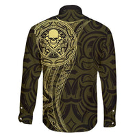 New Zealand Skull Darts Family Matching Mermaid Dress and Hawaiian Shirt Aotearoa Maori Chest Tattoo Stylized Gold LT14 - Polynesian Pride