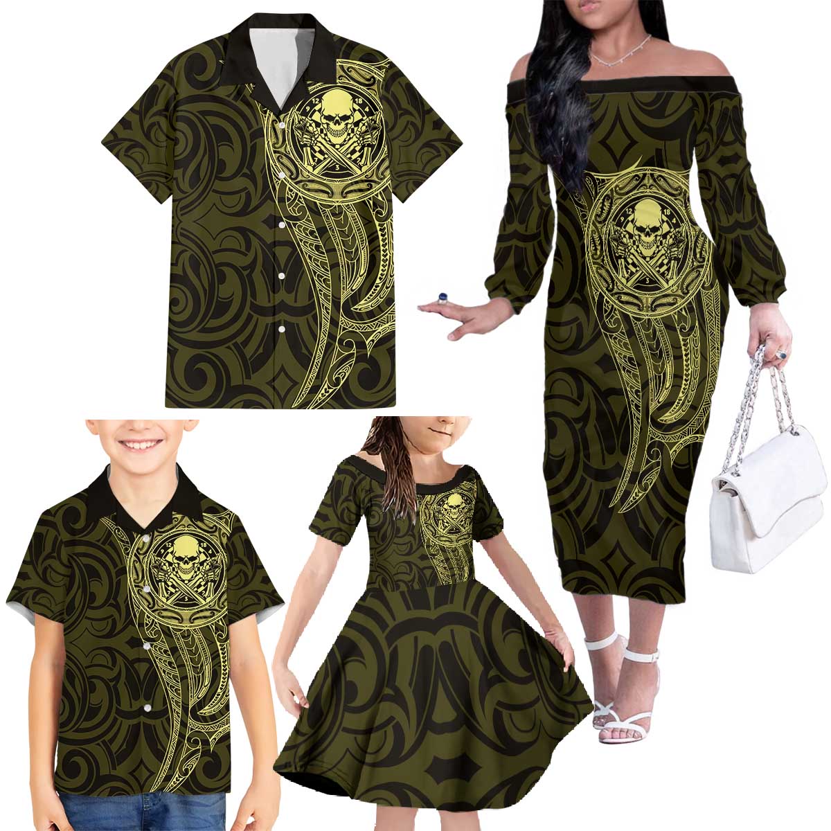 New Zealand Skull Darts Family Matching Off The Shoulder Long Sleeve Dress and Hawaiian Shirt Aotearoa Maori Chest Tattoo Stylized Gold LT14 - Polynesian Pride