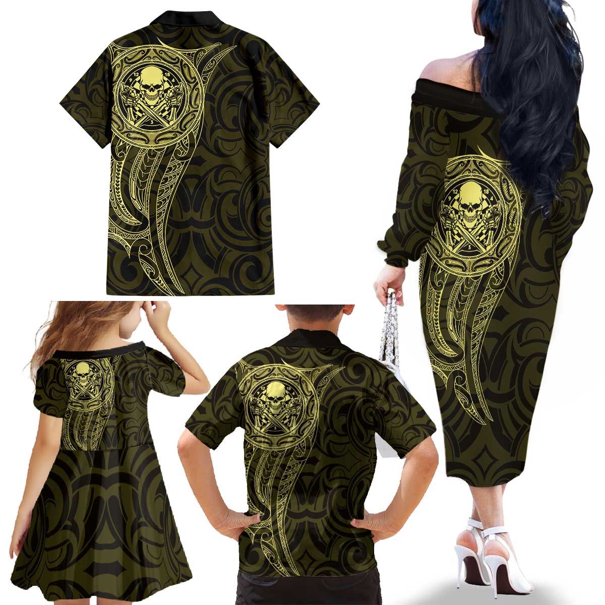 New Zealand Skull Darts Family Matching Off The Shoulder Long Sleeve Dress and Hawaiian Shirt Aotearoa Maori Chest Tattoo Stylized Gold LT14 - Polynesian Pride