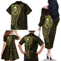 New Zealand Skull Darts Family Matching Off The Shoulder Long Sleeve Dress and Hawaiian Shirt Aotearoa Maori Chest Tattoo Stylized Gold LT14 - Polynesian Pride