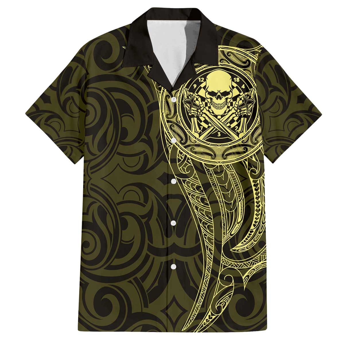 New Zealand Skull Darts Family Matching Off The Shoulder Long Sleeve Dress and Hawaiian Shirt Aotearoa Maori Chest Tattoo Stylized Gold LT14 Dad's Shirt - Short Sleeve Gold - Polynesian Pride