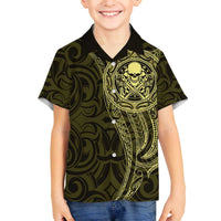 New Zealand Skull Darts Family Matching Off The Shoulder Long Sleeve Dress and Hawaiian Shirt Aotearoa Maori Chest Tattoo Stylized Gold LT14 Son's Shirt Gold - Polynesian Pride