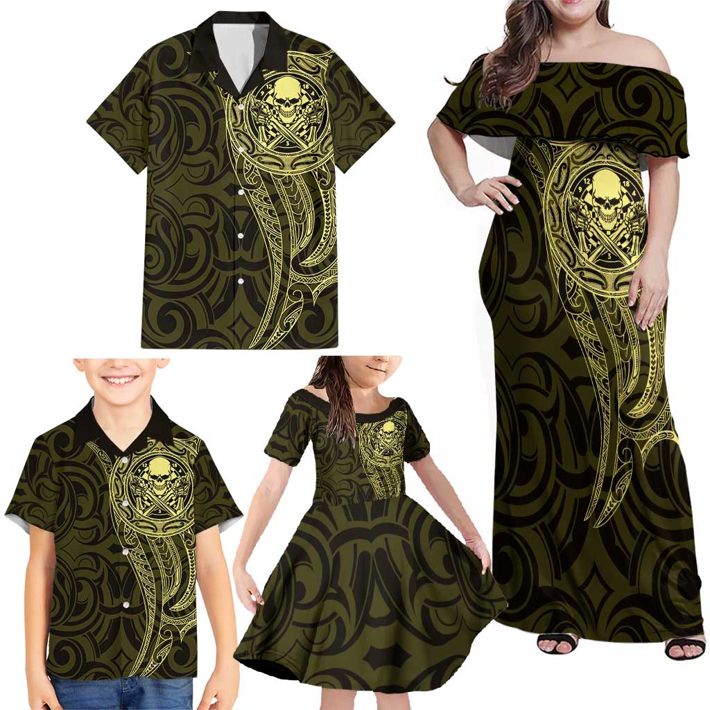 New Zealand Skull Darts Family Matching Off Shoulder Maxi Dress and Hawaiian Shirt Aotearoa Maori Chest Tattoo Stylized Gold LT14 - Polynesian Pride