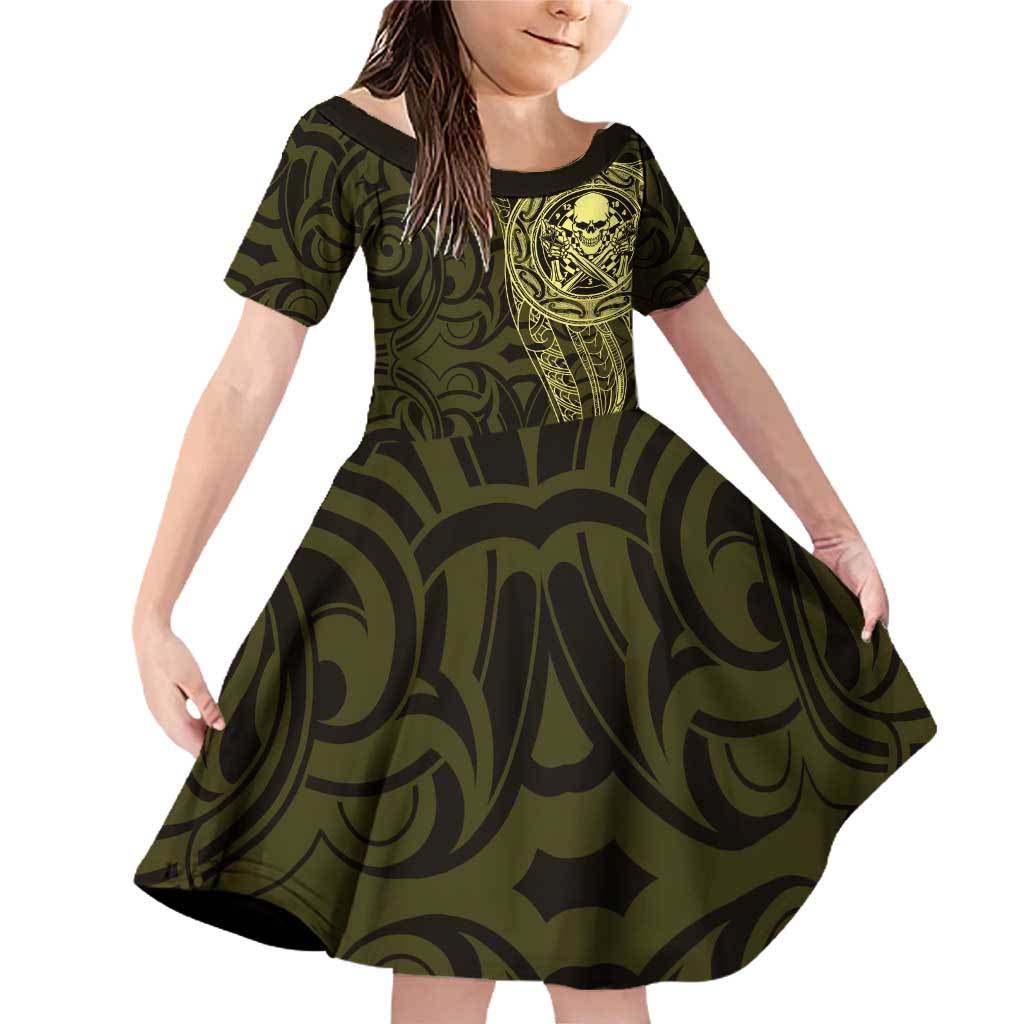 New Zealand Skull Darts Family Matching Off Shoulder Short Dress and Hawaiian Shirt Aotearoa Maori Chest Tattoo Stylized Gold LT14 Daughter's Dress Gold - Polynesian Pride