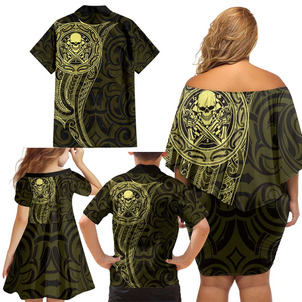 New Zealand Skull Darts Family Matching Off Shoulder Short Dress and Hawaiian Shirt Aotearoa Maori Chest Tattoo Stylized Gold LT14 - Polynesian Pride