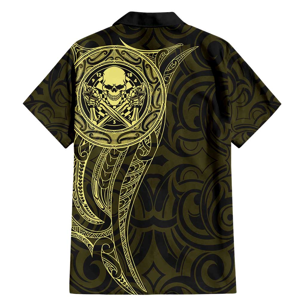New Zealand Skull Darts Family Matching Off Shoulder Short Dress and Hawaiian Shirt Aotearoa Maori Chest Tattoo Stylized Gold LT14 - Polynesian Pride