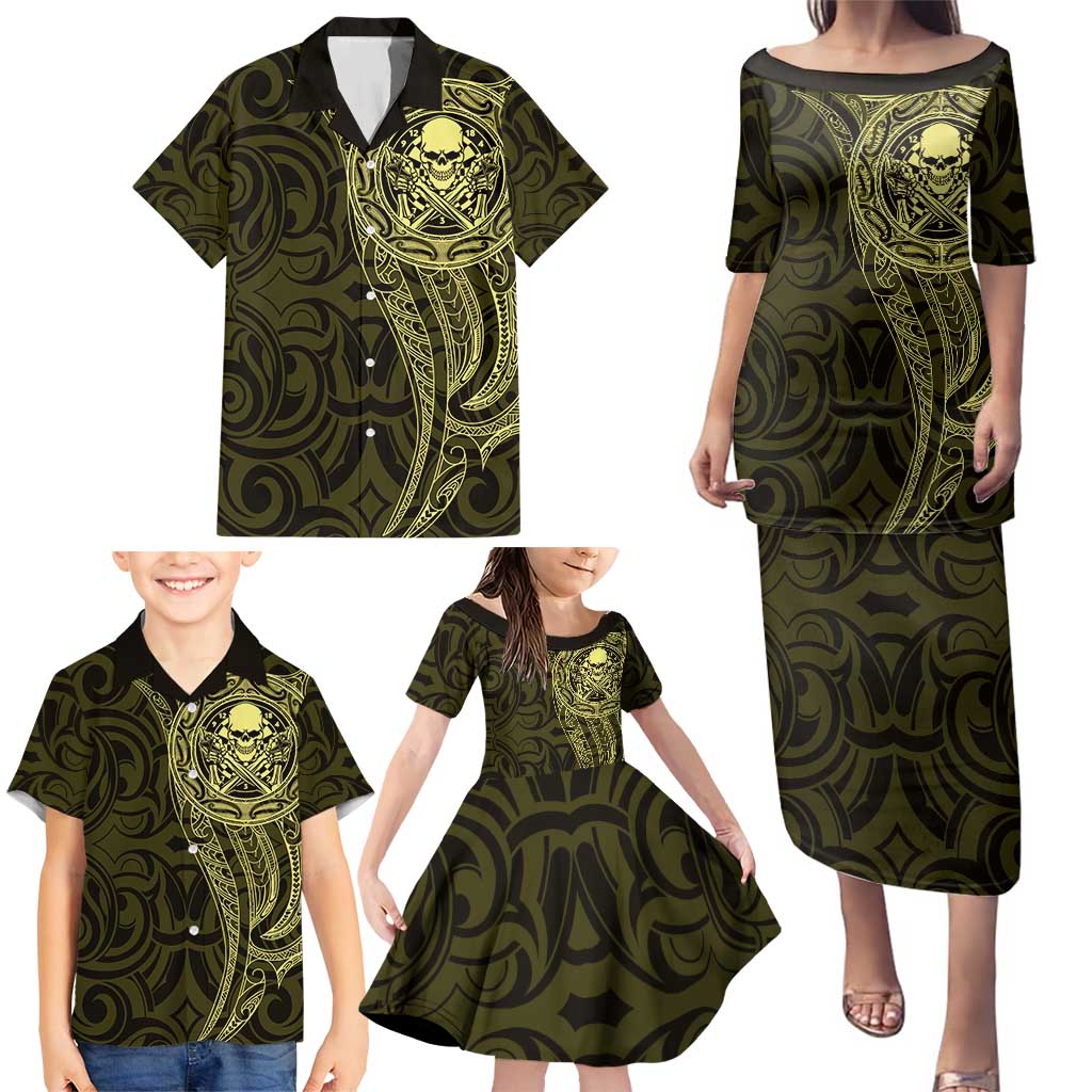 New Zealand Skull Darts Family Matching Puletasi and Hawaiian Shirt Aotearoa Maori Chest Tattoo Stylized Gold LT14 - Polynesian Pride