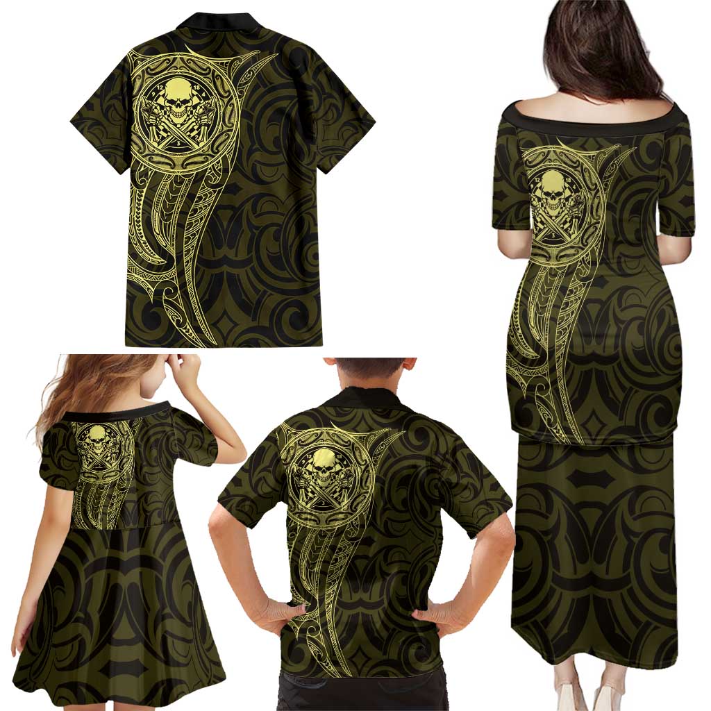 New Zealand Skull Darts Family Matching Puletasi and Hawaiian Shirt Aotearoa Maori Chest Tattoo Stylized Gold LT14 - Polynesian Pride