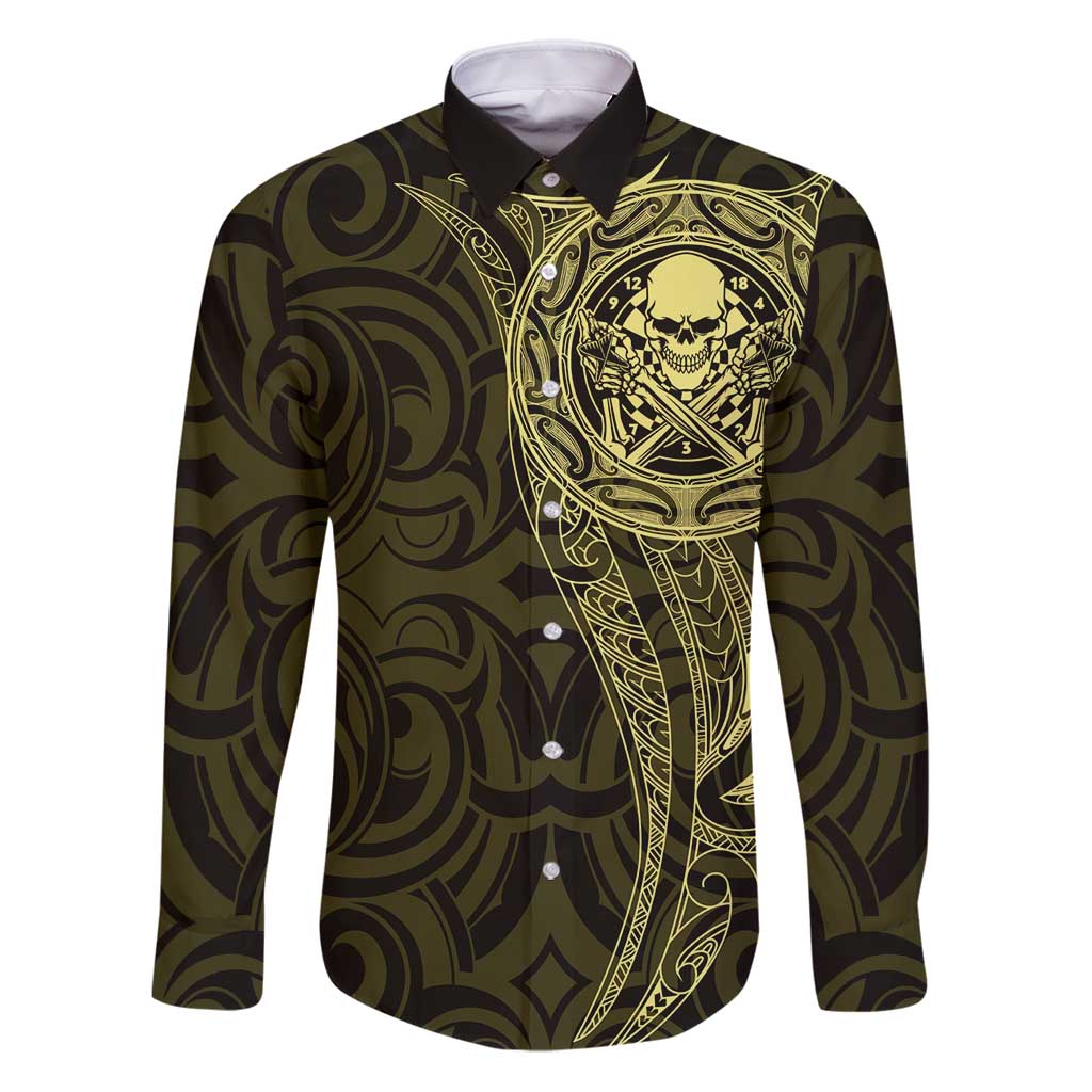 New Zealand Skull Darts Family Matching Puletasi and Hawaiian Shirt Aotearoa Maori Chest Tattoo Stylized Gold LT14 Dad's Shirt - Long Sleeve Gold - Polynesian Pride