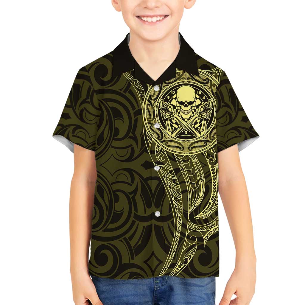 New Zealand Skull Darts Family Matching Puletasi and Hawaiian Shirt Aotearoa Maori Chest Tattoo Stylized Gold LT14 Son's Shirt Gold - Polynesian Pride