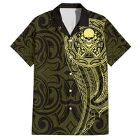 New Zealand Skull Darts Family Matching Short Sleeve Bodycon Dress and Hawaiian Shirt Aotearoa Maori Chest Tattoo Stylized Gold LT14 Dad's Shirt - Short Sleeve Gold - Polynesian Pride