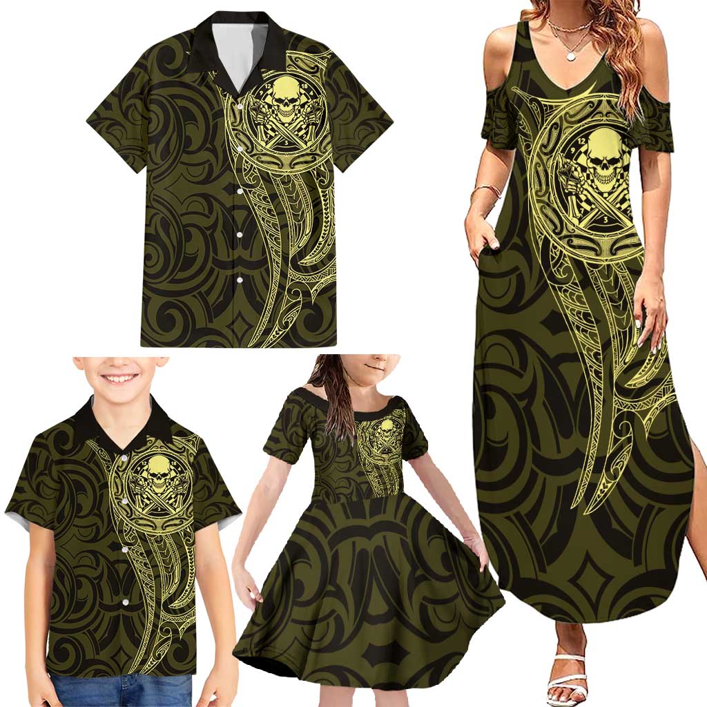 New Zealand Skull Darts Family Matching Summer Maxi Dress and Hawaiian Shirt Aotearoa Maori Chest Tattoo Stylized Gold LT14 - Polynesian Pride