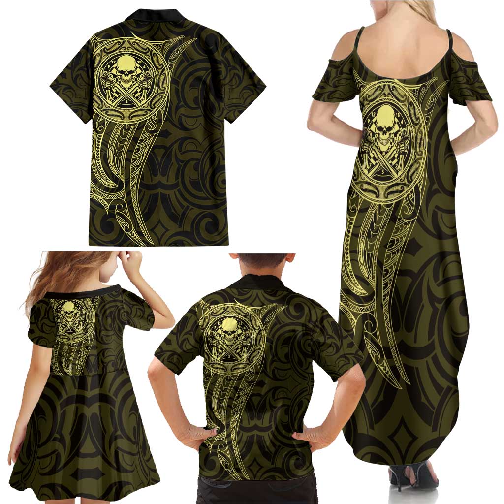 New Zealand Skull Darts Family Matching Summer Maxi Dress and Hawaiian Shirt Aotearoa Maori Chest Tattoo Stylized Gold LT14 - Polynesian Pride